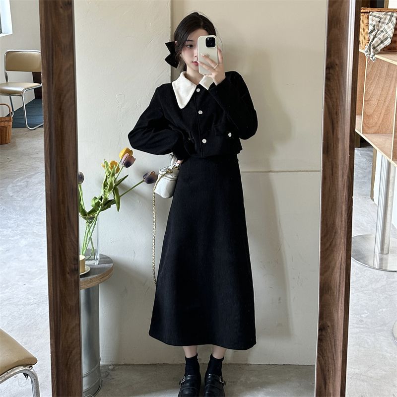 コーデュロイ ショート丈 長袖コート ミディアムスカート フランス2点セット