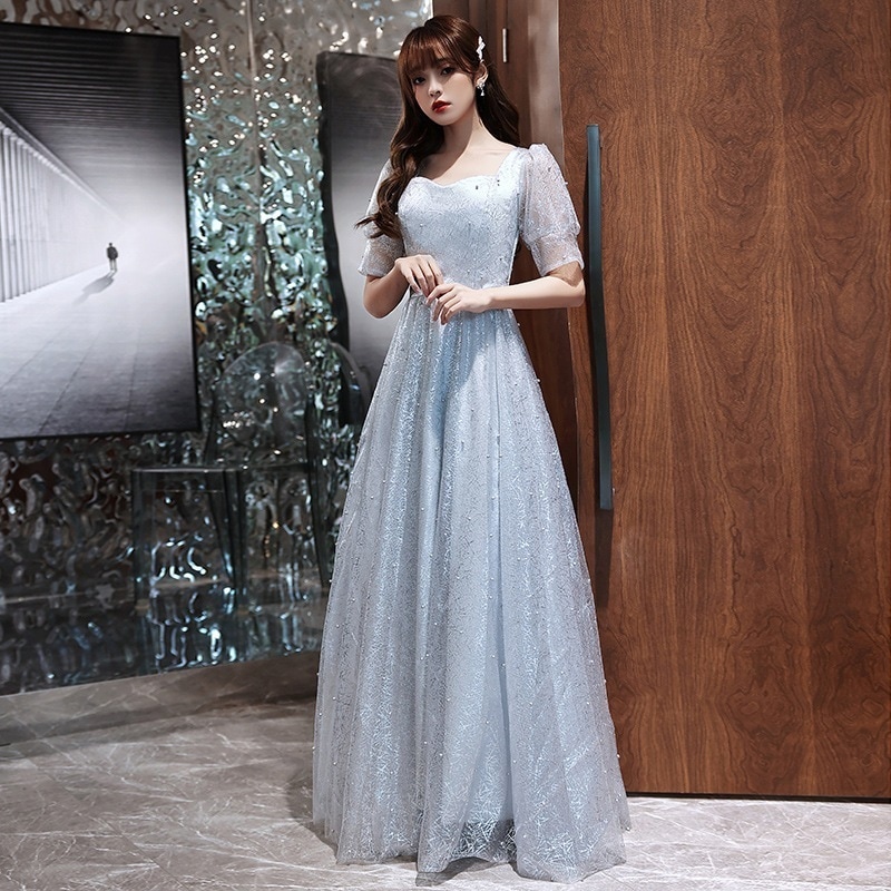 ワンピースドレスドレスバンケットドレス2025春の妖精の気質ホーンスリーブ花嫁介添人姉妹スカートバースデーパーティードレス