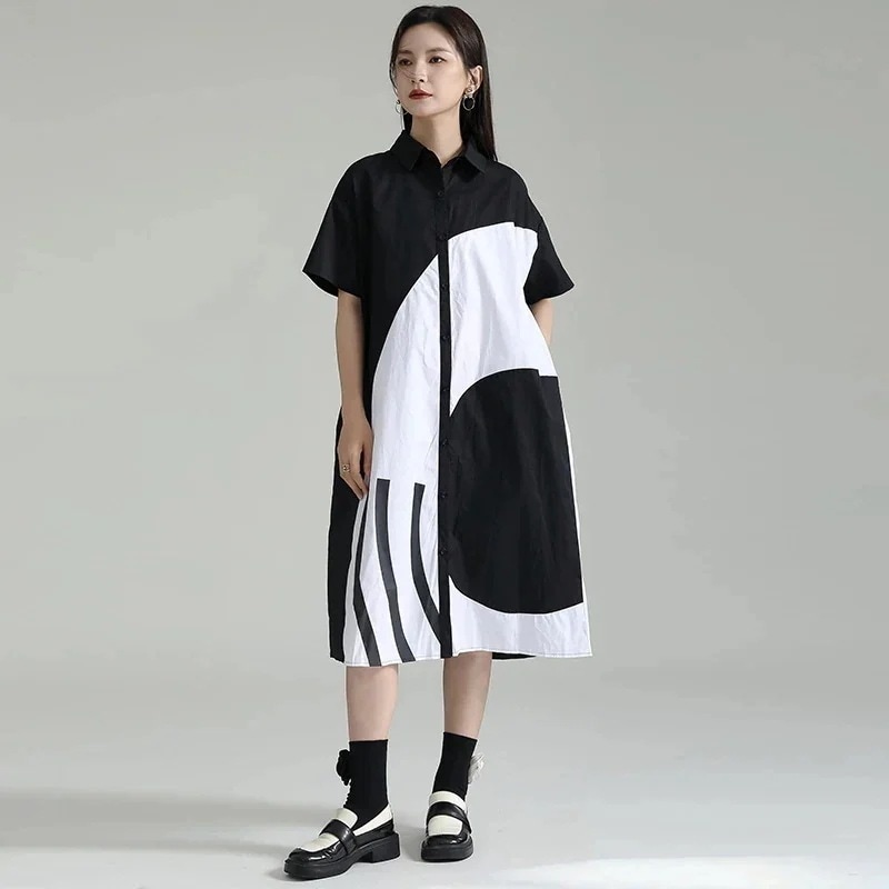 【J.Fashion】 シャツワンピース 黒白ドッキング ロングカーディガン 夏 体型カバー チュニック レディース おしゃれ 上質 関連商品は店で購入可能 メガ割30%までに制限