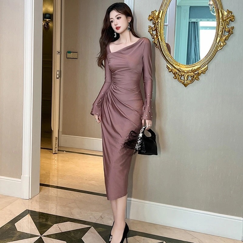 2024秋冬新品 ワンショルダー オフショル シワ タイト ドレス パーティー キャバ 大人 同窓会 披露宴 卒業式 結婚式 演奏会 ウェディング 二次会 メガ割30%までに制限