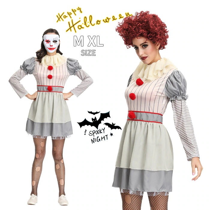 ハロウィン衣装　ピエロ服　レディース 道化師　女性用 ぴえろ 道化師 仮装 衣装 ワンピース　 コスプレ ピエロ衣装　コスチューム衣装 仮装 万聖節 新年会 忘年会 仮装 舞台 ステージ コスチュー今
