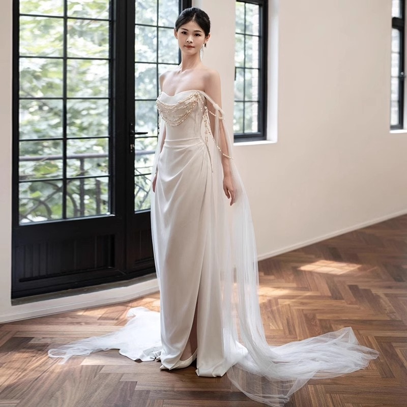 一字の肩のサテンの魚の尾の軽いウェディングドレスの新型のフランス式の外出の紗の超仙森系の旅はセクシーなオープンドレスをたたきます