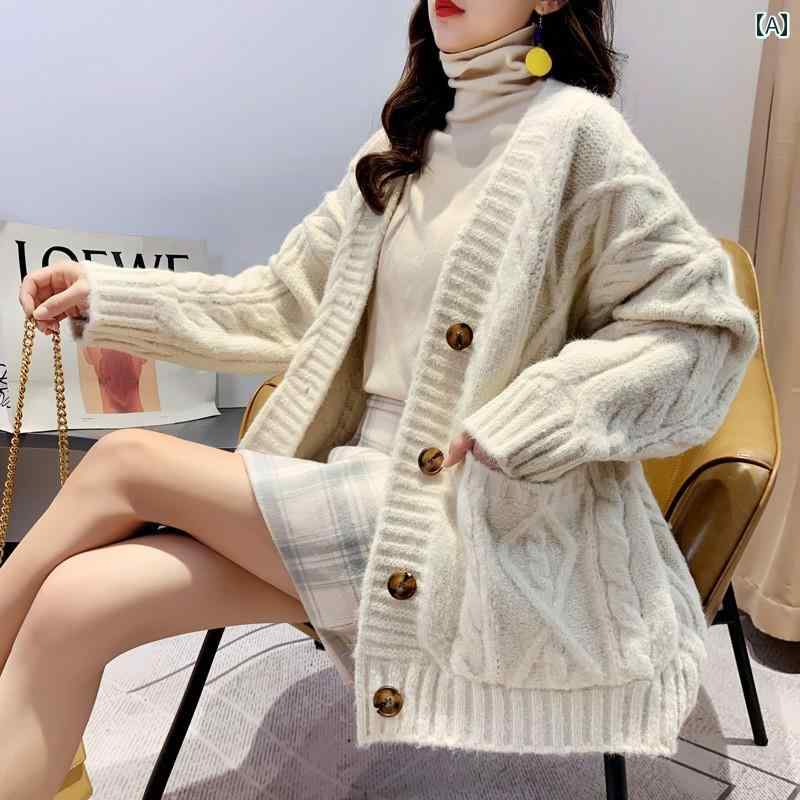 ニット レディース カーディガン おしゃれ カジュアル 大きめサイズ ツイスト 丈 秋冬 韓国 厚手 セーター ホワイト レッド