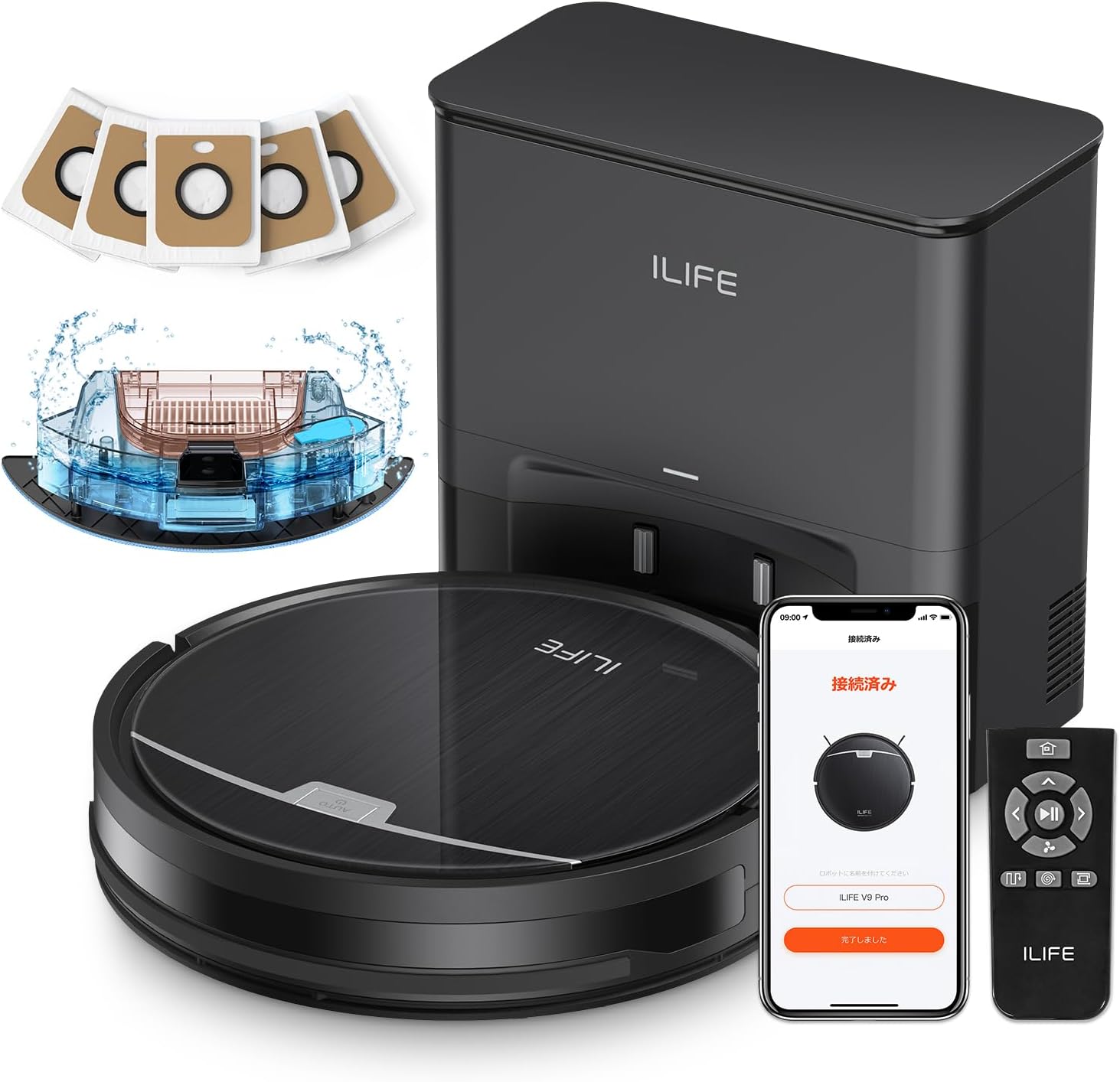 アイライフ(ILIFE) ロボット掃除機 自動ゴミ収集ステーション 2.5L大容量紙パック（5枚付き） 60日自動ゴミ収集 最小型ドックと本体 水拭き両用 3000Pa強力吸引 お掃除ロボット