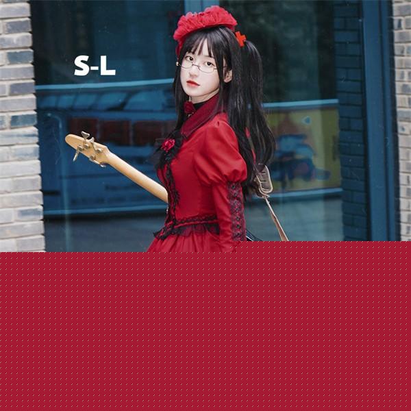 即納 ロリータ ゴシック ゴスロリ 袖 上下セット Aライン Lolita パフスリーブ レース フリル 可愛い アイドル衣装 バンド ショート丈