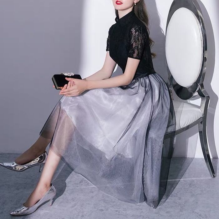 パーティードレス 韓国 ドレス 個性的 ワンピース プチプラ 黒 ブラック 結婚式 チュールスカート レイヤード レース 上品 エレガント 高級感 半袖 Aライン 刺繍 フォーマル パーティー 演奏会