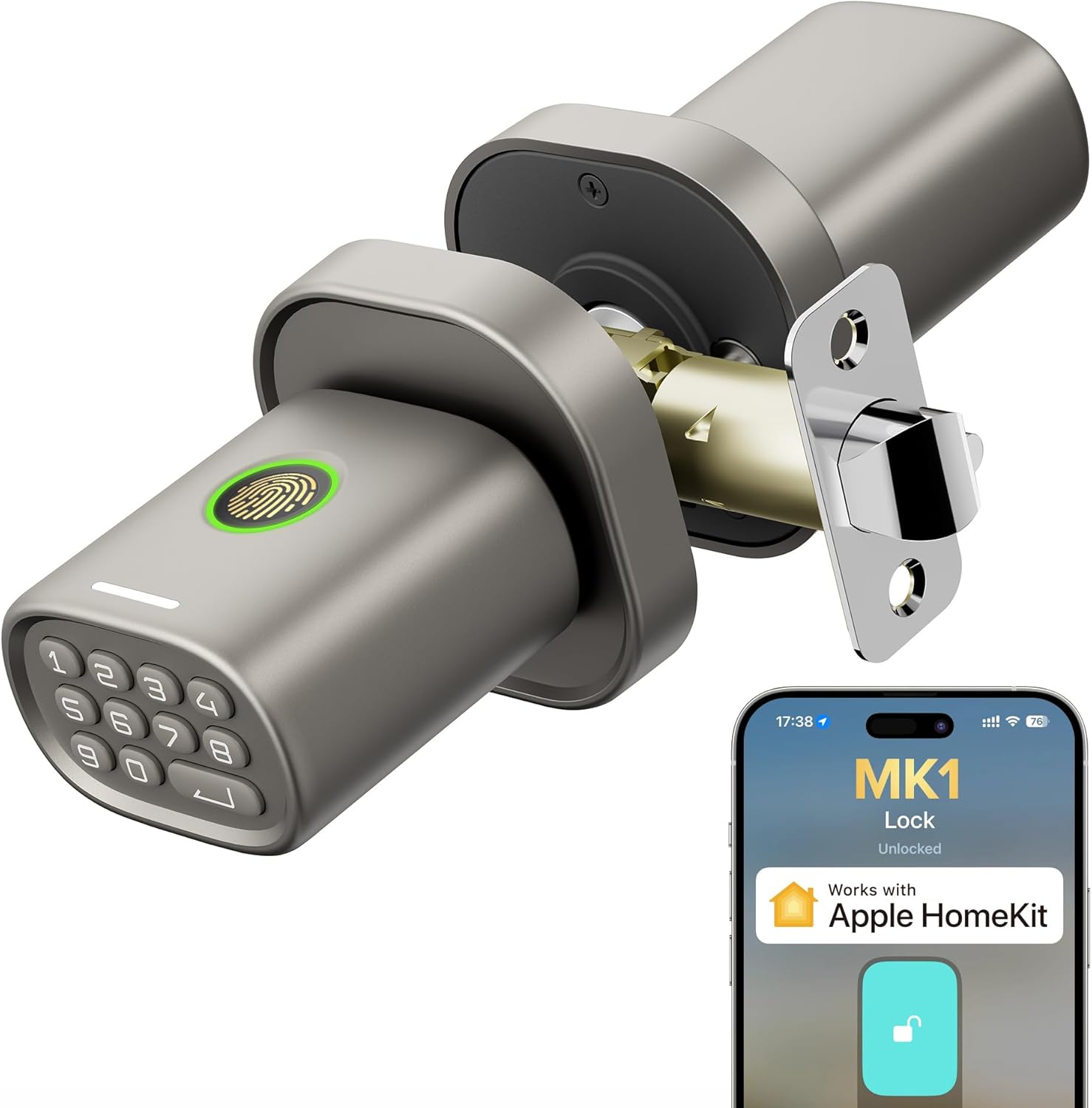 ThorBolt HomeKit ロックオーバー スマート指紋ロック キーパッドドアノブ付き HomeKit Hub(ホームキットハブ) 屋内ドア寝室オフィスMK1チタン用