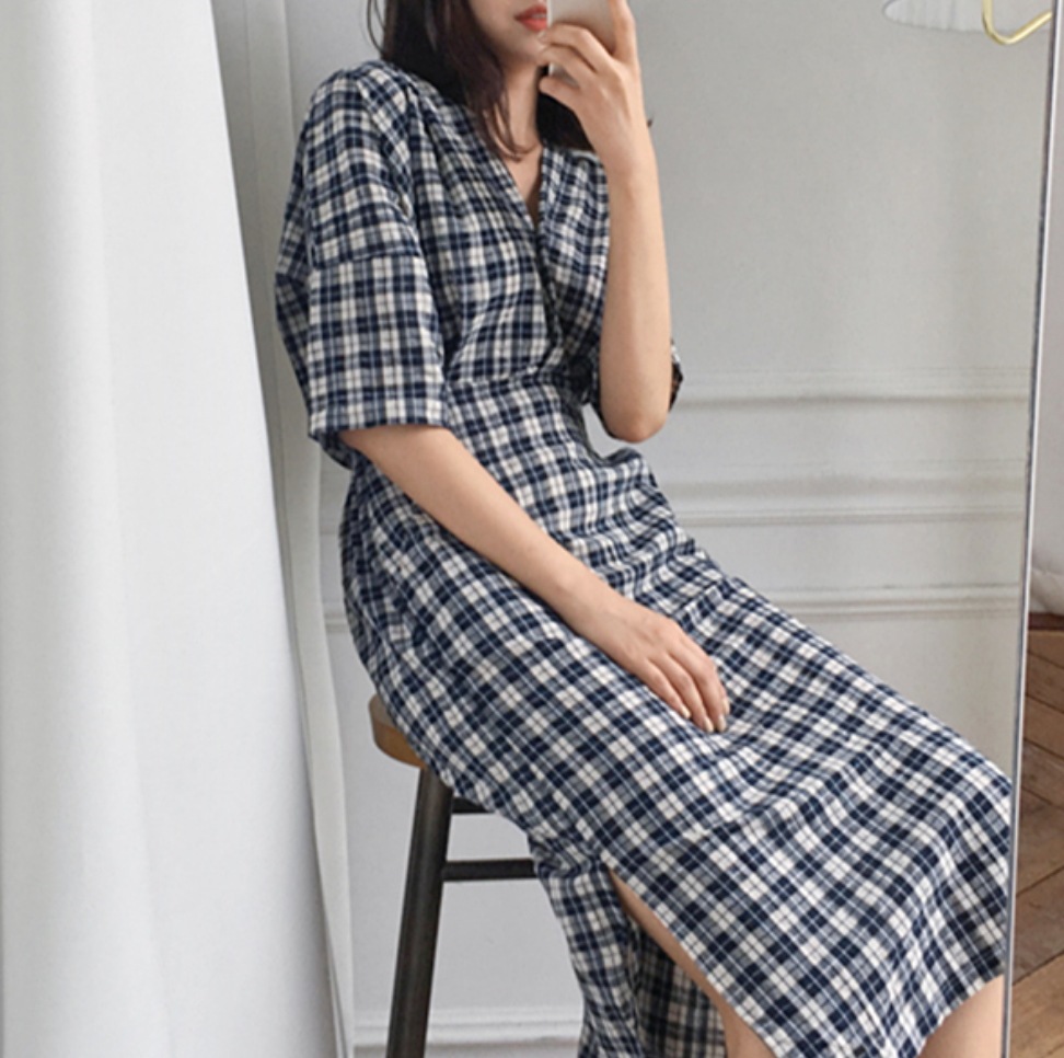 ワンピース タイト 膝丈 Vネック 五分袖 細身 ウエストマーク ハイウエスト ストレート かわいい 大人可愛い きれいめ ギンガムチェック柄 春 夏 デート お出かけ S XL ネイビー 5,260円