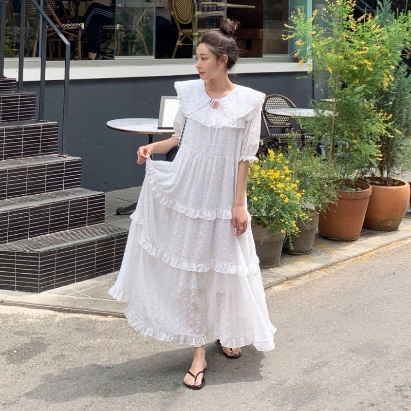 ワンピース ロングドレス ワンピドレス ロング丈 マキシ丈 アンクル丈 袖あり 5分袖 五分袖 襟付き 大きい襟 レース フリル シフォン リボン 透け感 かわいい 大人可愛い こなれ感 ラブリー