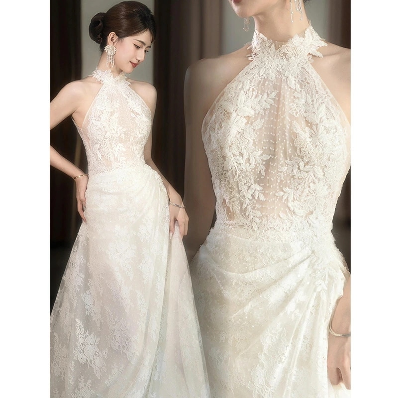 ウェディングドレス 二次会ドレス ホルターネック レース 白 ロングドレス ホワイト 結婚式ドレス 二次会 ウェディング ドレス レースドレス トレーンドレス Aライン 海外挙式 撮影 XS S M