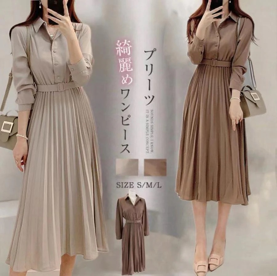 本日レディース ワンピース プリーツワンピース 春秋ワンピ ロング ワンピース ウエストベルト付き フレンチスリーブ 切り替え きれいめ 大人 可愛い 通勤