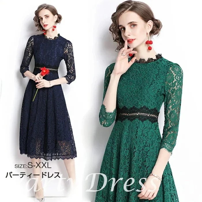 パーティードレス　ドレス　ミモレ丈ドレスウェディングドレス　ビスチェ花嫁ドレス結婚式謝会二次会ドレス　披露宴ドレス　前撮り　お呼ばれドレスパーティードレス　お花レースワンピースラインドレスネイビー　グ