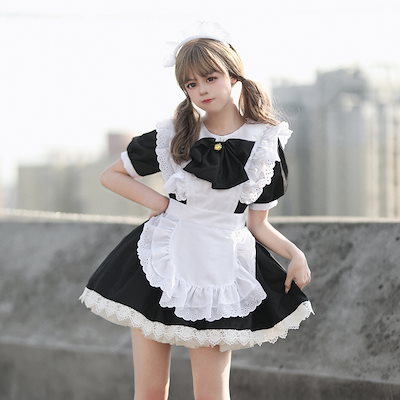 可愛いメイド服 フリル付き 黒白 長袖 メイド服 メイドコスプレ 重ね着風 フリル付き 立ち襟