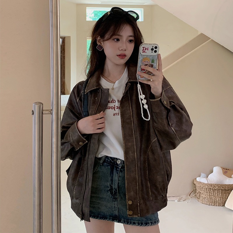 カレーレザージャケットジャケット女性2024新しい香港スタイルレトロバイカー服ネット赤揚げストリートジャケット潮