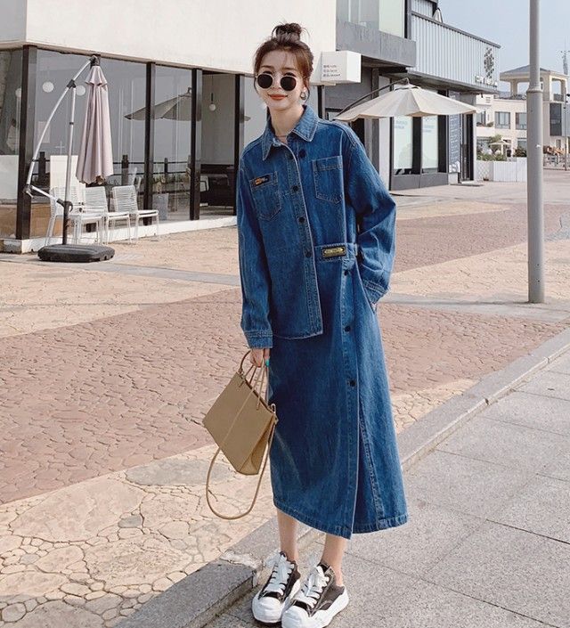 超人気 デニムコートはレディース アウター 春 ロング デニム シャツワンピース 長袖 シンプル カジュアル ステンカラーコート アシンメトリー ワンピース 大きいサイズ 春秋 大人可愛い 個性的 韓