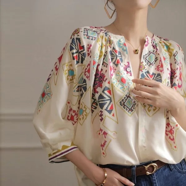 【一枚で視線を奪う】 プリント レディース 七分袖 ファッション シャツ