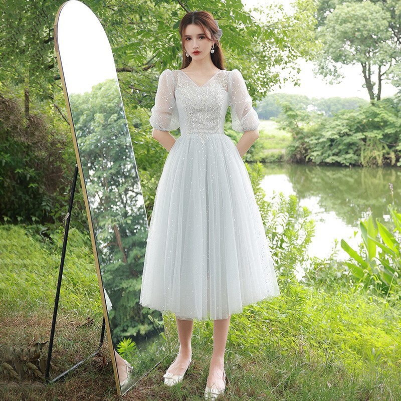 レディース ワンピース ドレス ワンピースドレス ワンピドレス 膝下 ミモレ 5分袖 ボリューム袖 パフスリーブ ラメ感 Vネック フレア Aライン 切り替え ハイウエスト 透け感 シースルー