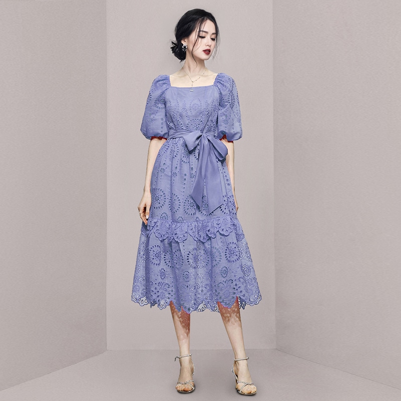 レースワンピース ワンピース フレアワンピース 膝丈 ひざ丈 袖あり 半袖 パフスリーブ スクエアネック フレア Aライン レース ウエストマーク ウエストリボン ハイウエスト かわいい 大人可愛い
