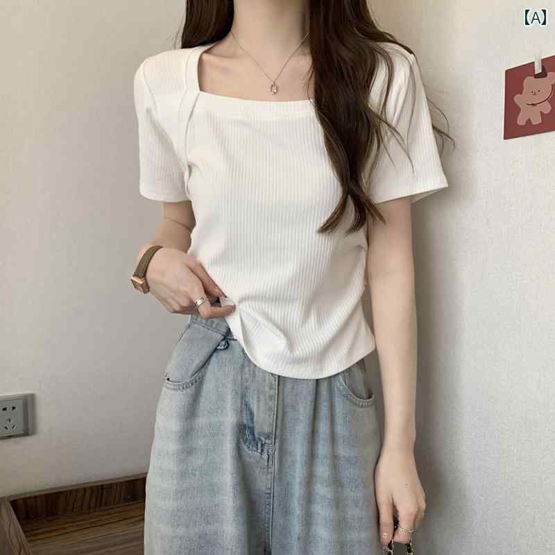 大きめサイズ レディース トップス カジュアル おしゃれ デート 女子会 普段使い 右 肩 スクエアネック ひんやり 涼しい ニット 半袖 Tシャツ 夏 スリム Tシャツ