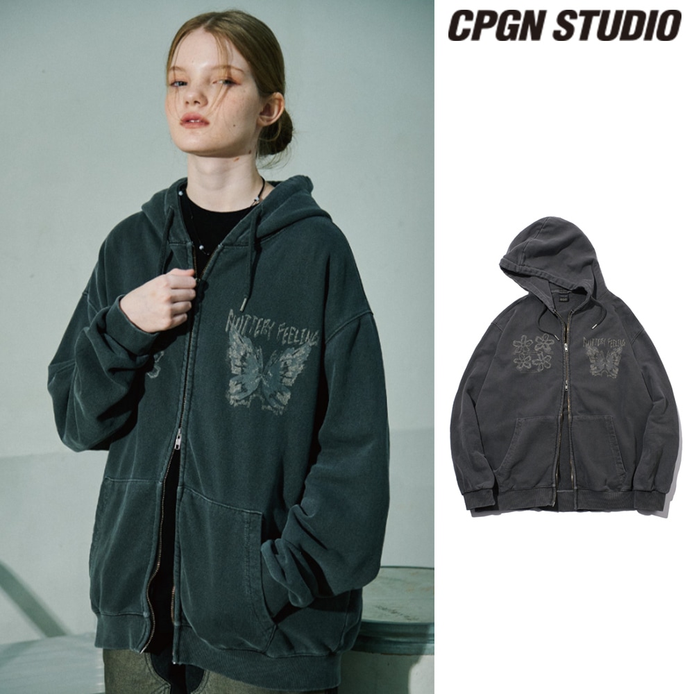 【CPGN STUDIO】 [2-WAY] Fluttery Pigment Hood Zip Up Smoke