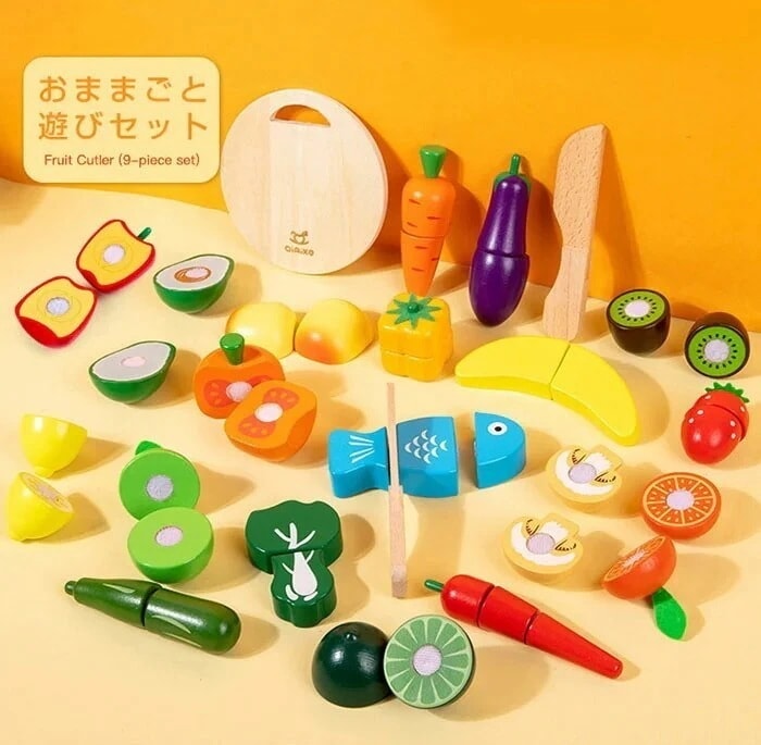 おままごとセット 22点セット 木製 ごっこ遊び 木のおもちゃ 食材セット おもちゃ 切れる 野菜 やさい 果物 さかな まな板 包丁 でお料理 誕生日 プレゼント クリスマスギフト 子供 キッズ