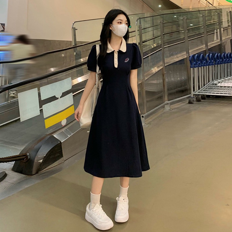 ポロ襟少女向け夏服高校生向けカレッジスタイルスポーツウエストシェイプロングスカート