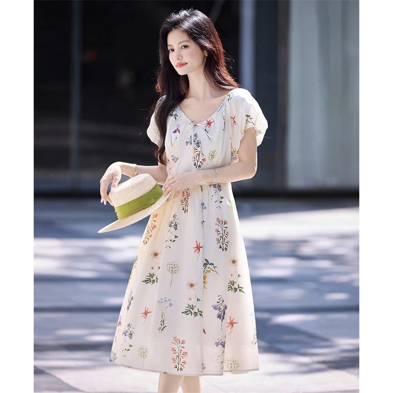 尚静【ブランド限定】復古花柄ワンピース涼しいシファンノースリーブロングワンピ着痩せ百掛け快適春夏服通勤入学結婚式ドレス設計感韓国リゾートスカートゆったり大きいサイズ