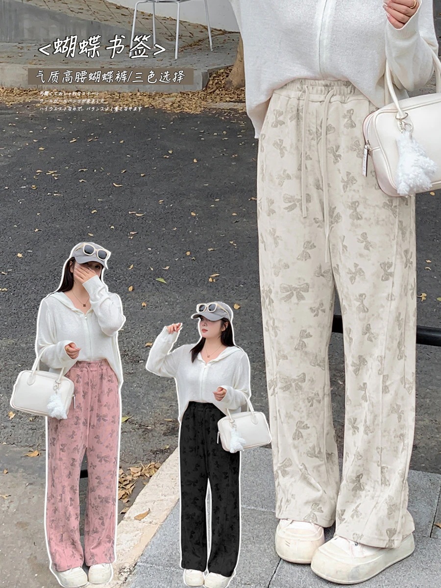 【ぽちゃまに】 秋 ワイドパンツ XL-5XL 大きいサイズ 蝶結び柄 体型カバー レディース ゴム ロングパンツ メガ割