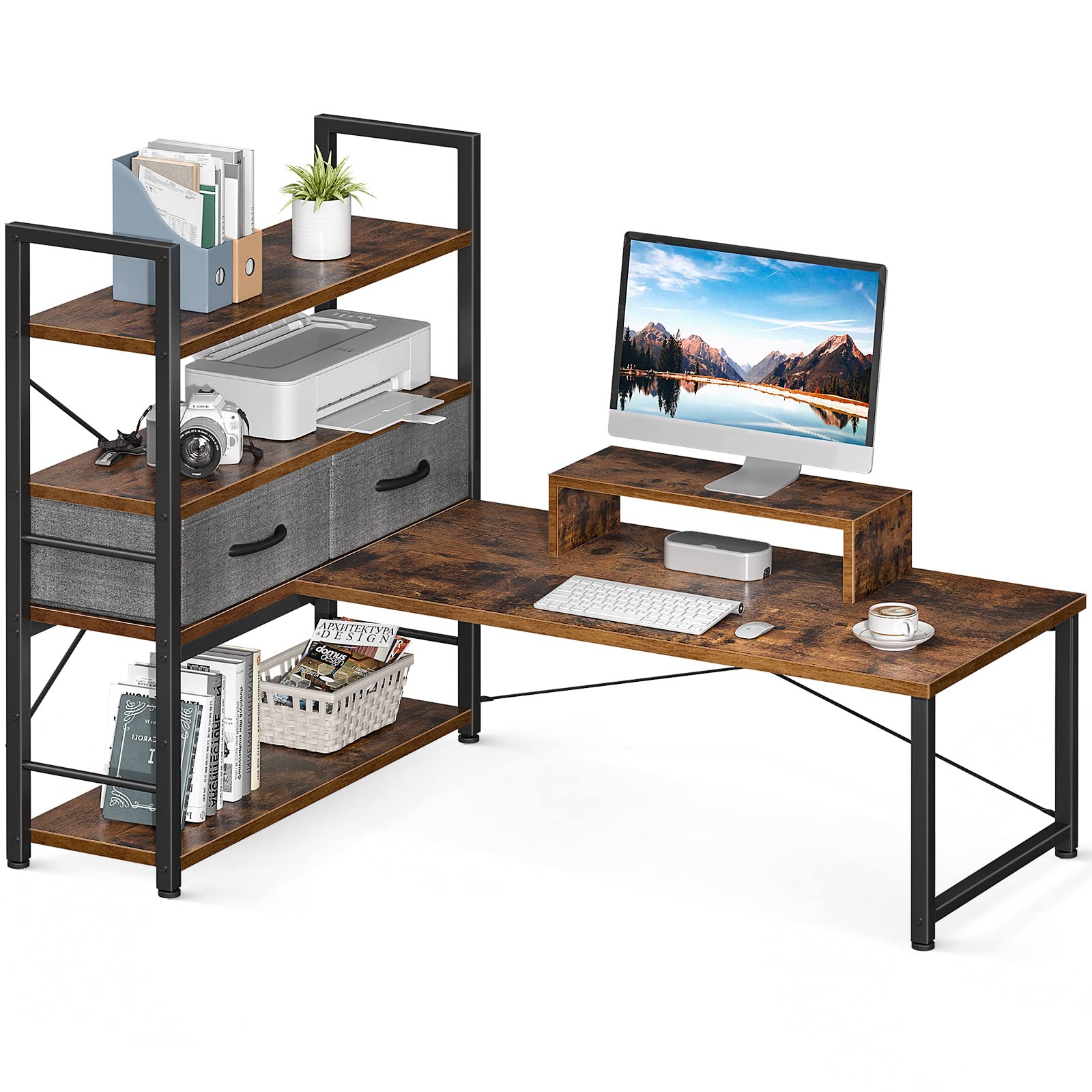 ローデスク パソコンデスク ロータイプ 幅120cm 引き出し付き モニター台付き ゲーミングデスク pcデスク 4段収納ラック付き 左右入れ替え対応 ローテーブル 省スペース 在 88892