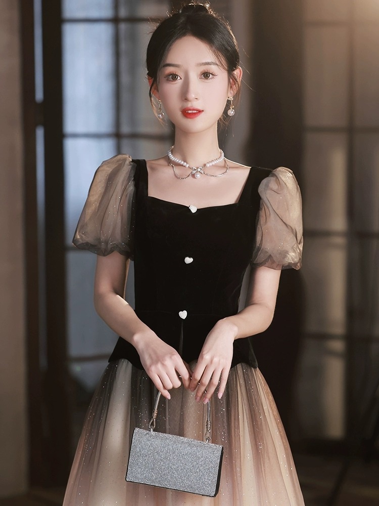 女性用グラデーションイブニングドレスライトラグジュアリーニッチハイエンドブラックホストドレス日常生活で着用可能メッシュバンケットスタイル