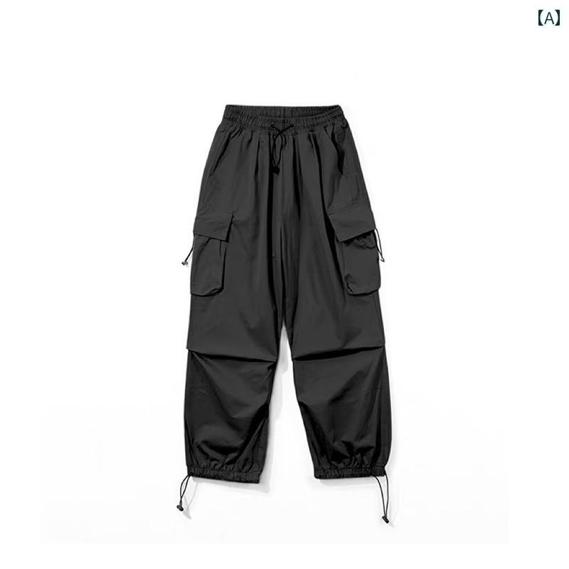カーゴパンツ　メンズ　レディース GBQS アメリカン レトロ ブラック ワイド レッグ パラシュート オーバー オール メンズ 春夏 カジュアル アサルト パンツ レディース