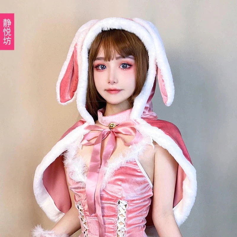 お勧め商品ピンクのストラップ付きウサギショールクリスマステーマフード付きショートベルベットケープコスプレパーティーロールプレイングコスム