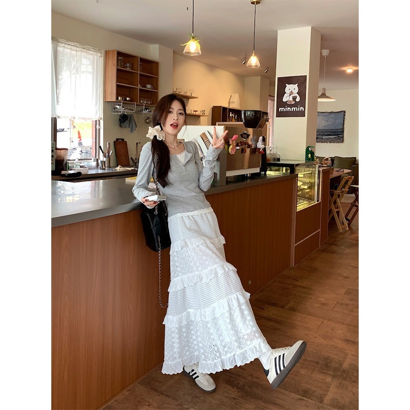 【1つ買うと10つ無料】2025スプリングホワイトレースケーキスカート女性用多用途の甘いスタイル ラインロングスカート