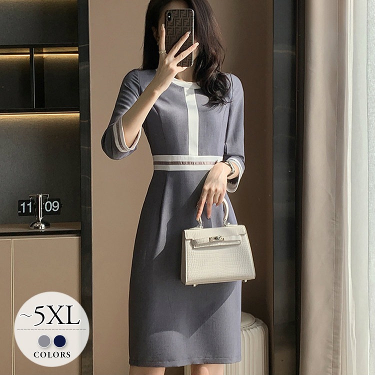 ワンピース レディース 卒園式 卒業式 入園式 入学式 大きいサイズ お呼ばれ 披露宴 結婚式 パーティー 同窓会 30代 40代 50代 グレー ネイビー フォーマルスーツ 丸首 ラウンドネック