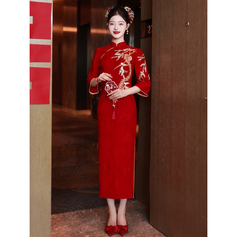 逆袖チョンサム レッド 婚約ドレス カジュアルウェア 秋・冬用 長袖