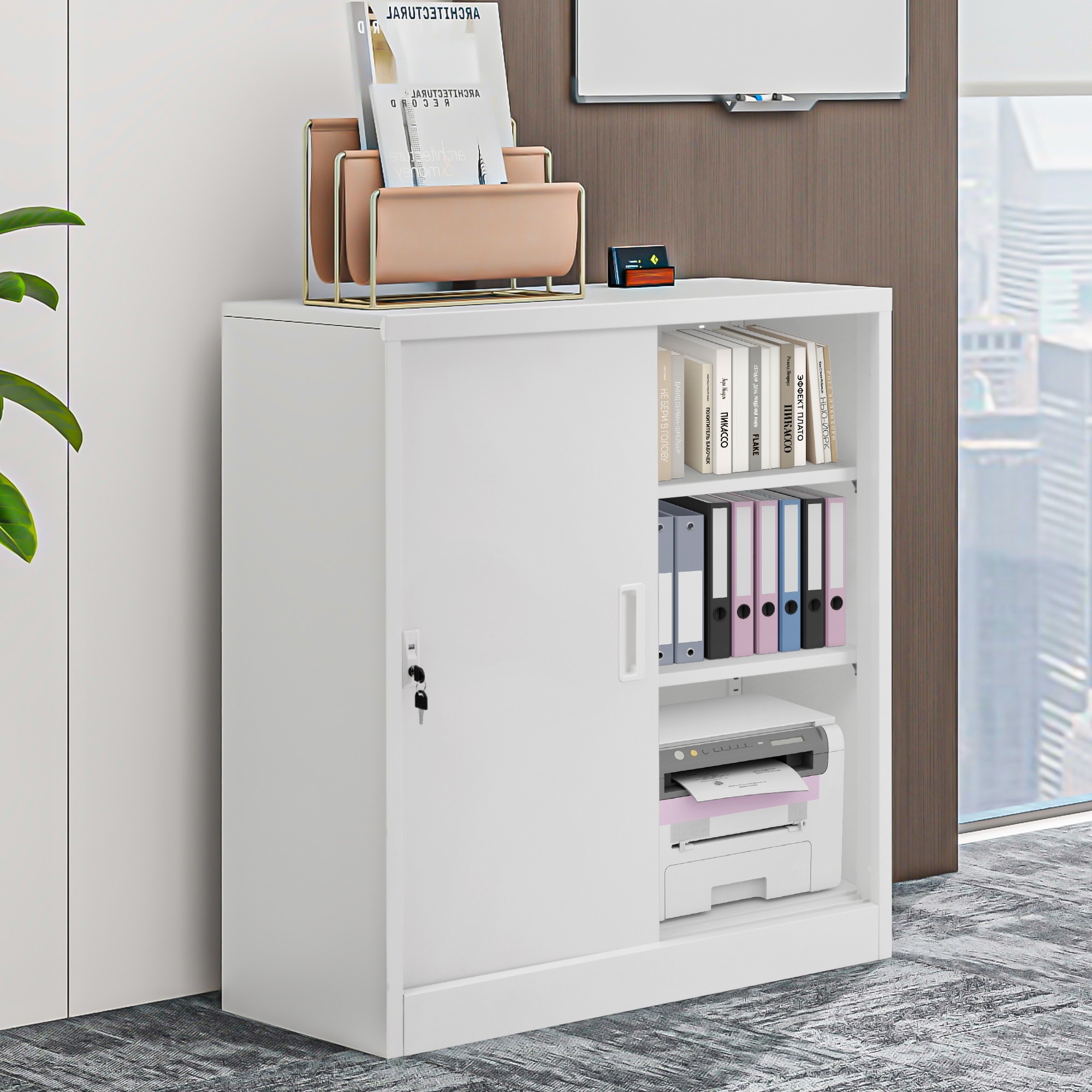 スチール書庫 引き戸タイプ 書類保管庫 保管庫 収納 オフィス 事務所 更衣室 学校 業務用 書庫 おしゃれ キャビネット スチールキャビネット ベース付き 可動棚 A4対応 日本語説明書付き 棚板4