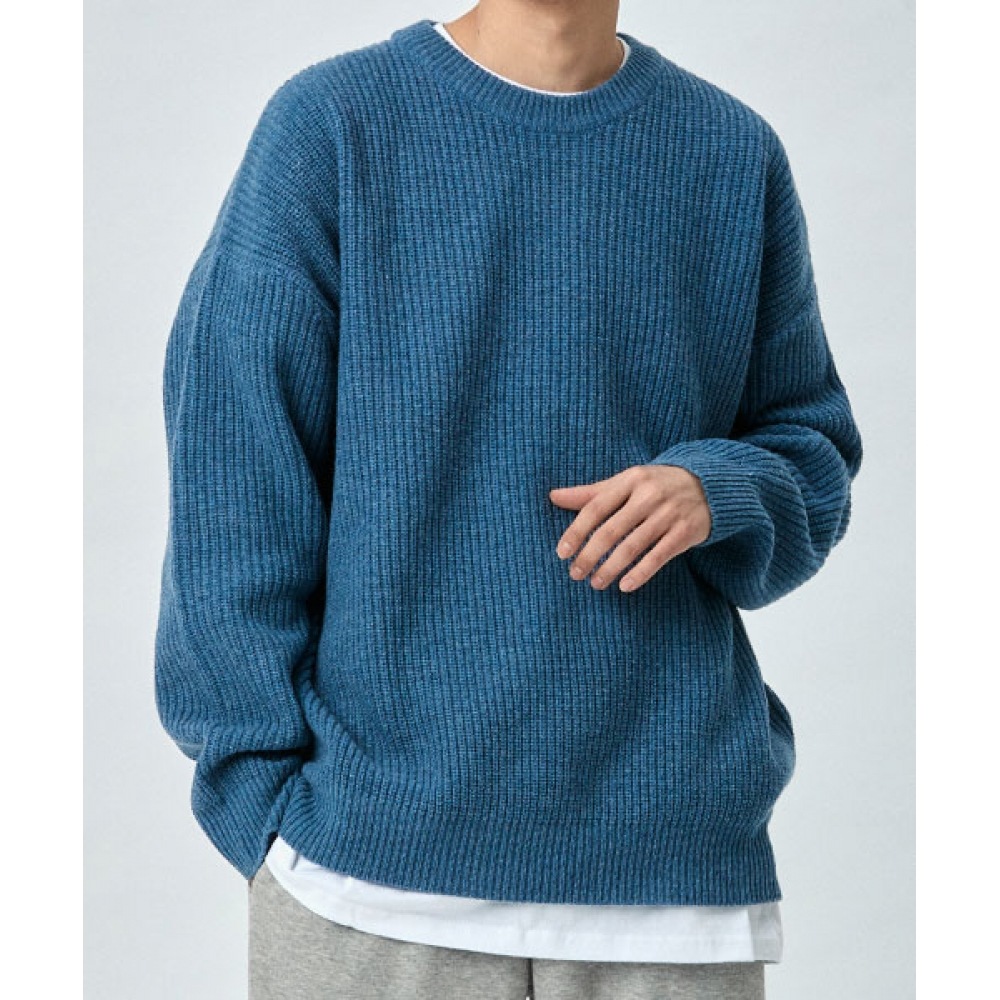 TAKEASY ラムスウールクルーネックオーバーニット（ヘッダーブルー）