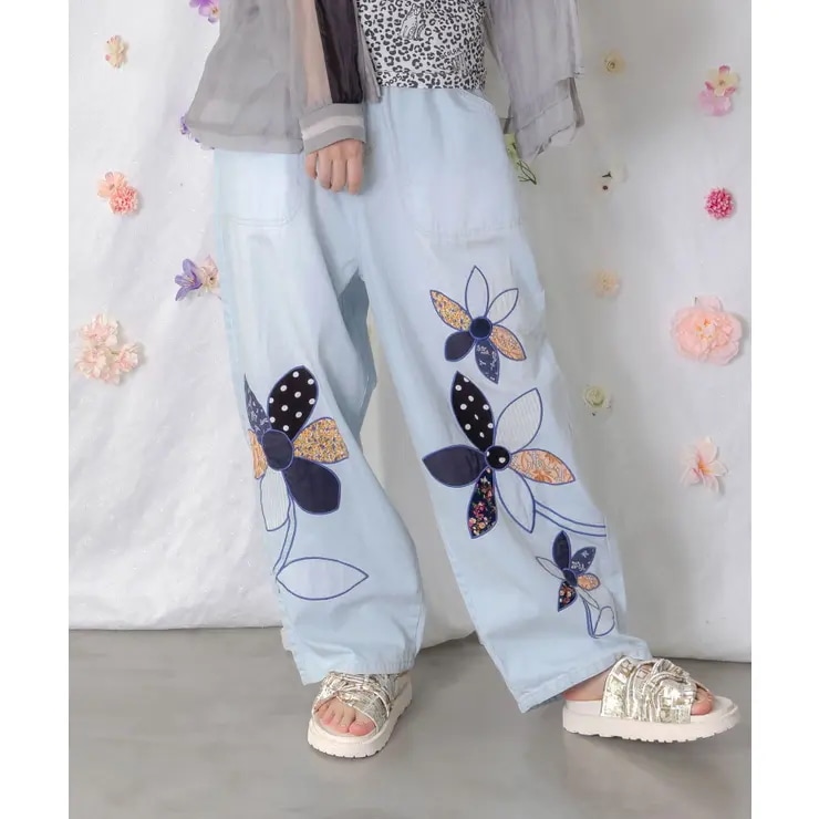 パッチワークお花アップリケデニムパンツ