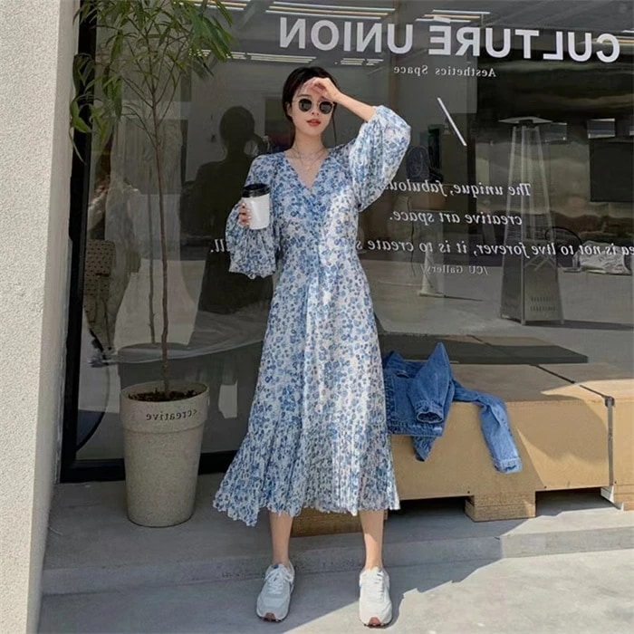 シフォンワンピース ワンピース 夏 レディース ロングワンピース 長袖 青い きれいめ 体型カバー 夏マタ二ティ ワンピース 花柄 ロング 大きいサイズ 小花柄 Aライン 春