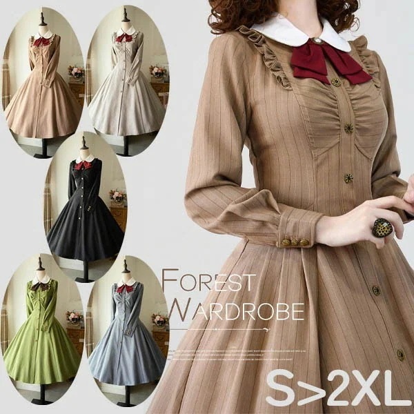 ロリータワンピース レディース ロングスカート ロリータ フレアスカート 英国風 大人可愛い ブラウン ブラック グリーン ベージュ グレー SML XL 2XL