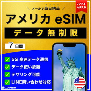 【データ無制限】 アメリカ ハワイ eSIM 7日間／データ使い放題／5G・4G高速データ通信／テザリング可能／当日納品／パスポート登録不要