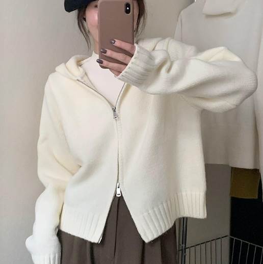 クーポン有フード ファスナー ソリッドカラー ニット カーディガン フーディー ジップアップ トップス アウター レディース セーター 上着 秋 冬 普通丈トップス 長袖 襟なし スリム ストレート