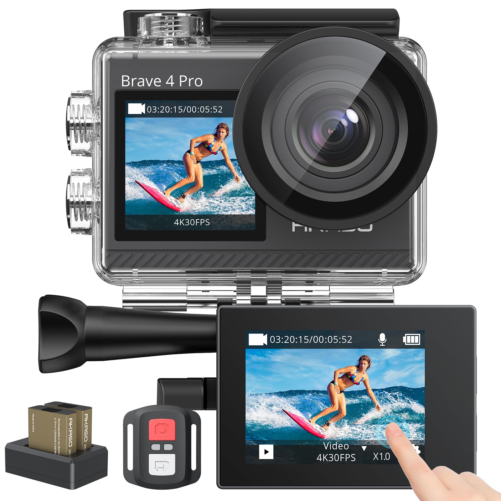 AKASO アクションカメラ 4K 20MP解像度 タッチパネル式 デュアルカラースクリーン 40M防水 水中カメラ 手ぶれ補正 外部マイク対応 WiFi搭載 HDMI出力 5倍ズーム リモコン付き 9,942円