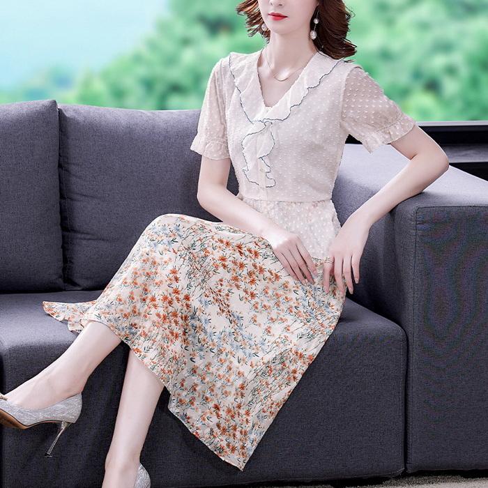 ワンピース レディース 膝丈ワンピース 春夏 半袖ワンピース きれいめ花柄シフォンフレアスカート 韓国風 結婚式ドレス 通勤 オシャレ大きいサイズ 30代