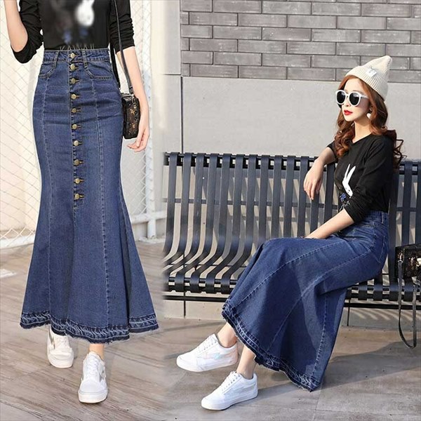 超ロング デニム ロングスカート タイト フレア 大きいサイズ フロントボタン タイトスカート デニム マーメイドライン マーメイドスカート レディース フレア 大人 カジュアル ハイウエスト XS/