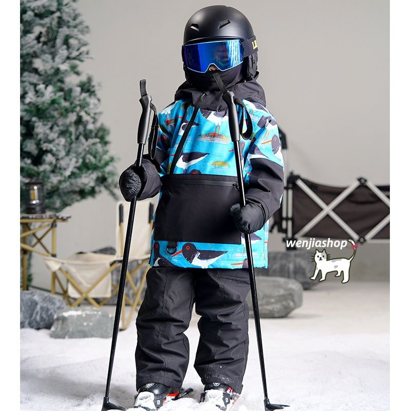 スノーボードウェア 2025 上下セット キッズ 子供 ベビー服 ジャケット アウター ブルー オーバーオール つなぎパンツ ズボン スノボウェア スキーウェア 防寒着韓国風 女の子 男の子 こども