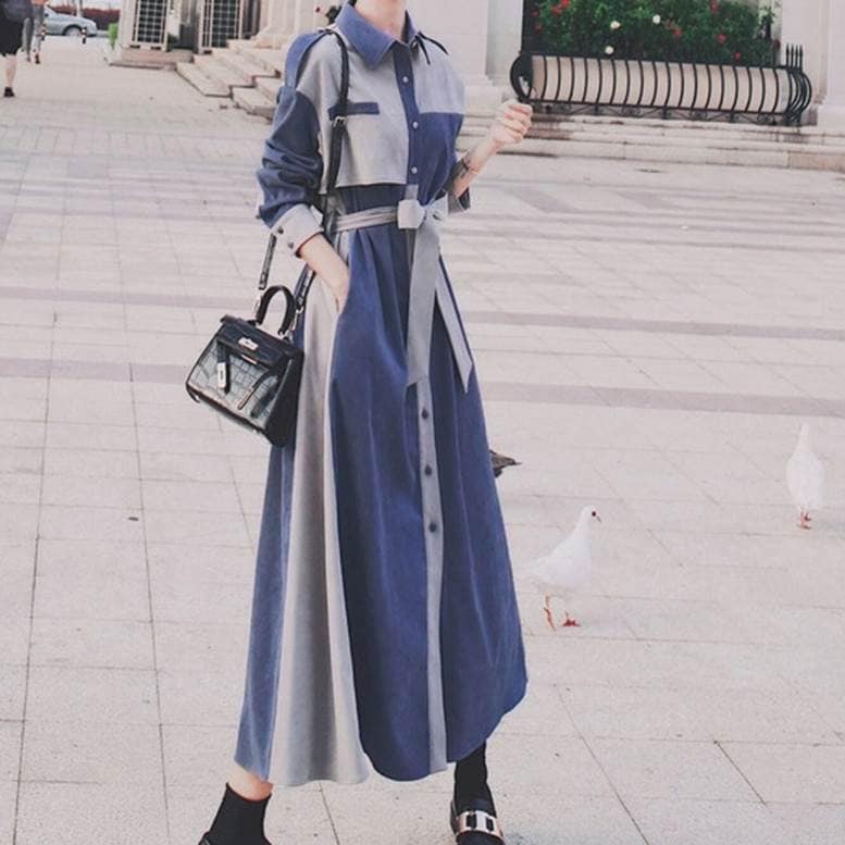 ワンピース シャツワンピ レディース 春 秋 バイカラー ロング丈 フレア 襟付き 長袖 ボタン ウエストリボン 個性的 トレンチ ミモレ丈 大人可愛い きれいめ 上品 エレガント 4,751円