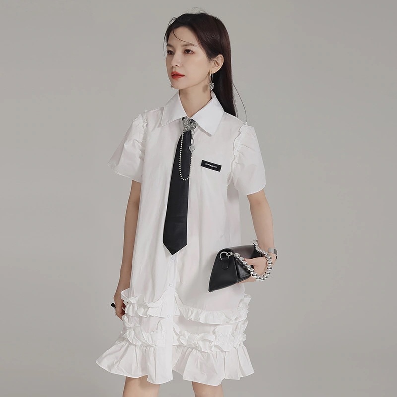 【J.Fashion】 2024夏新品 ショートワンピ 体型カバー チュニック ロンブブラウス フリル ネクタイ付き 関連商品は店で購入可能30%までに制限