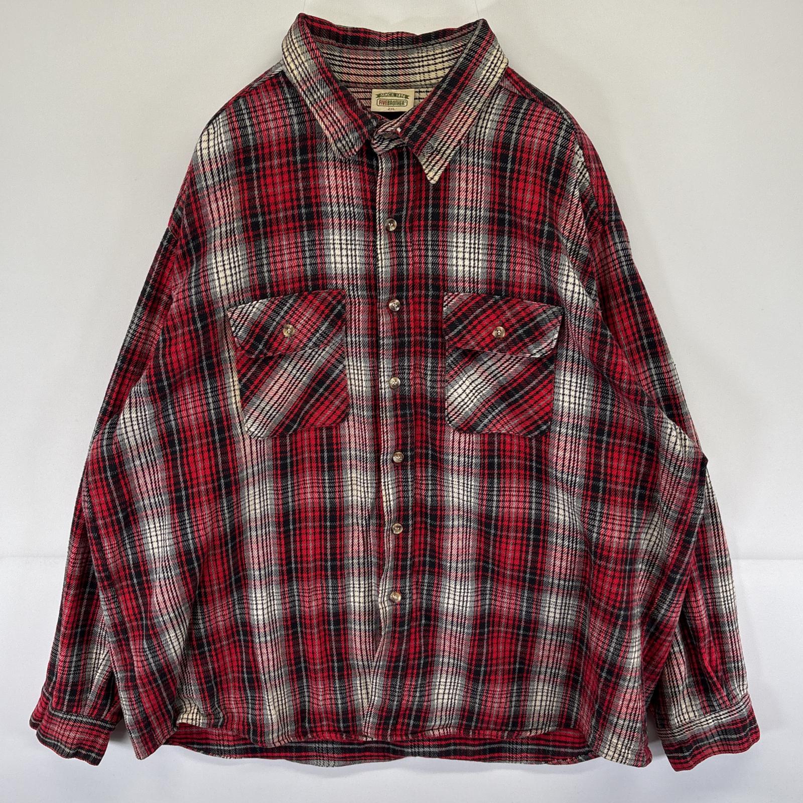 古着 長袖 フランネルシャツ チェック柄 ボタン 胸ポケット 大きいサイズ マルチカラー レッド メンズ