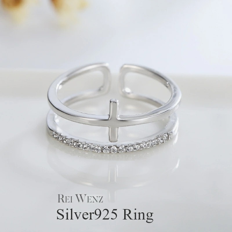 【高品質Silver925】指輪 リング レディース 2連 太 シルバー Silver925 プラチナ仕上げ CZダイヤモンド クロス フォークリング ジルコニア プレゼント